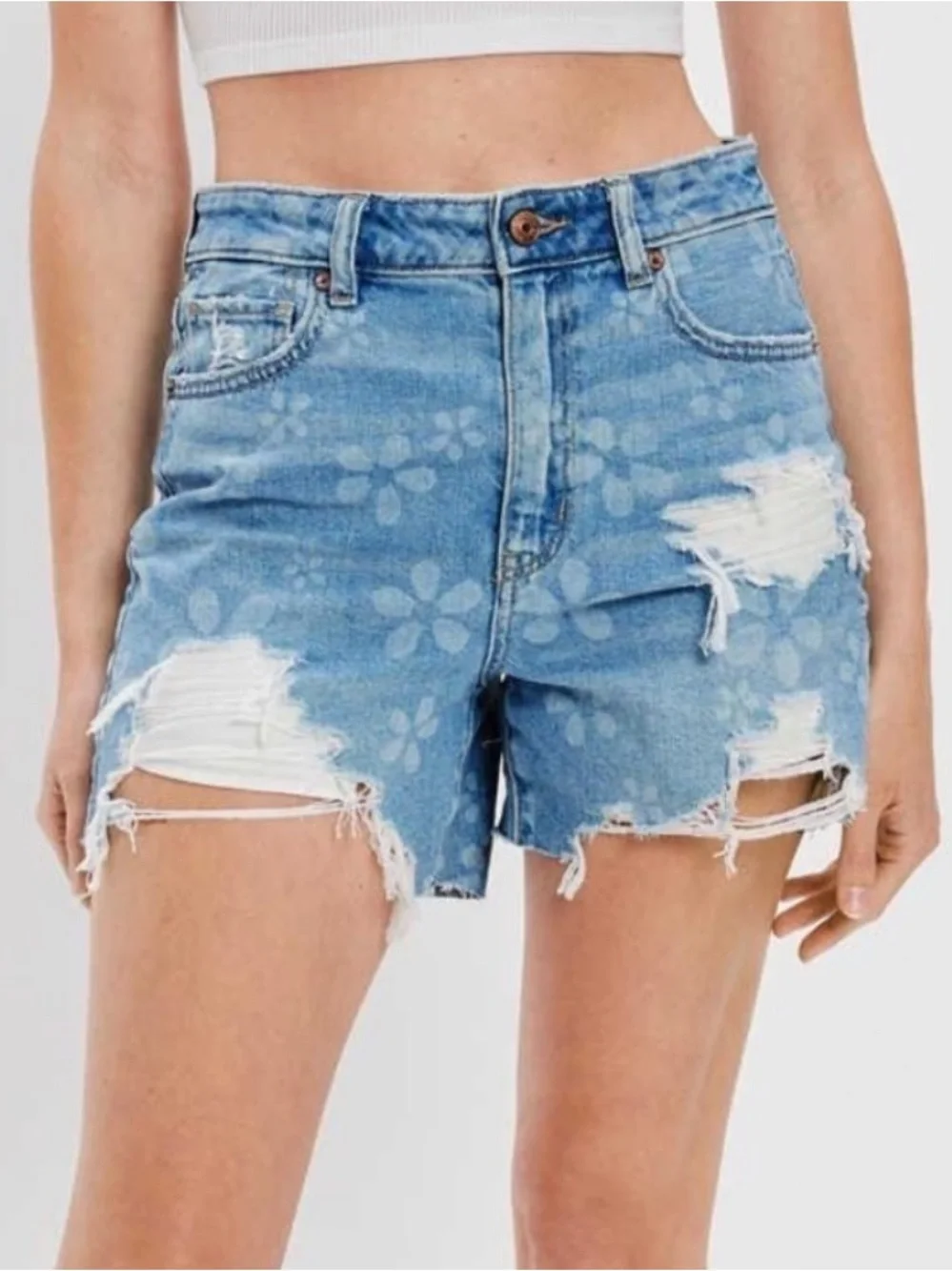 American Eagle Highest Rise Baggy Daisy Floral Denim Shorts Distressed Women's 4